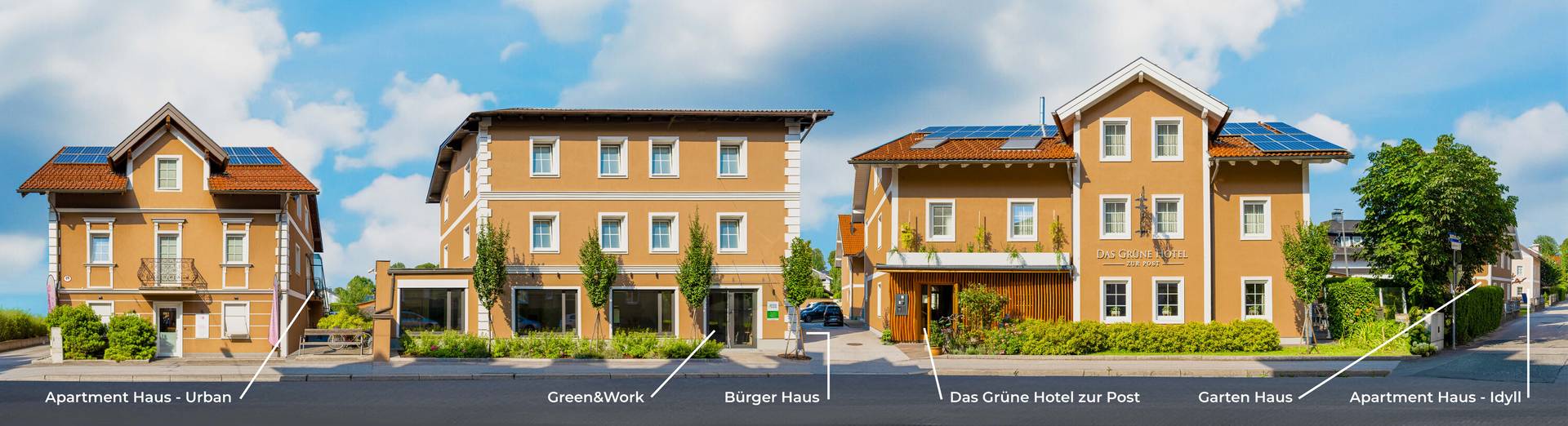 Die Häusergruppe nebeneinander: Apartment Haus Urban, Green&Work, Bürger Haus, Das Grüne Hotel zur Post, Garten Haus und Apartment Haus Idyll