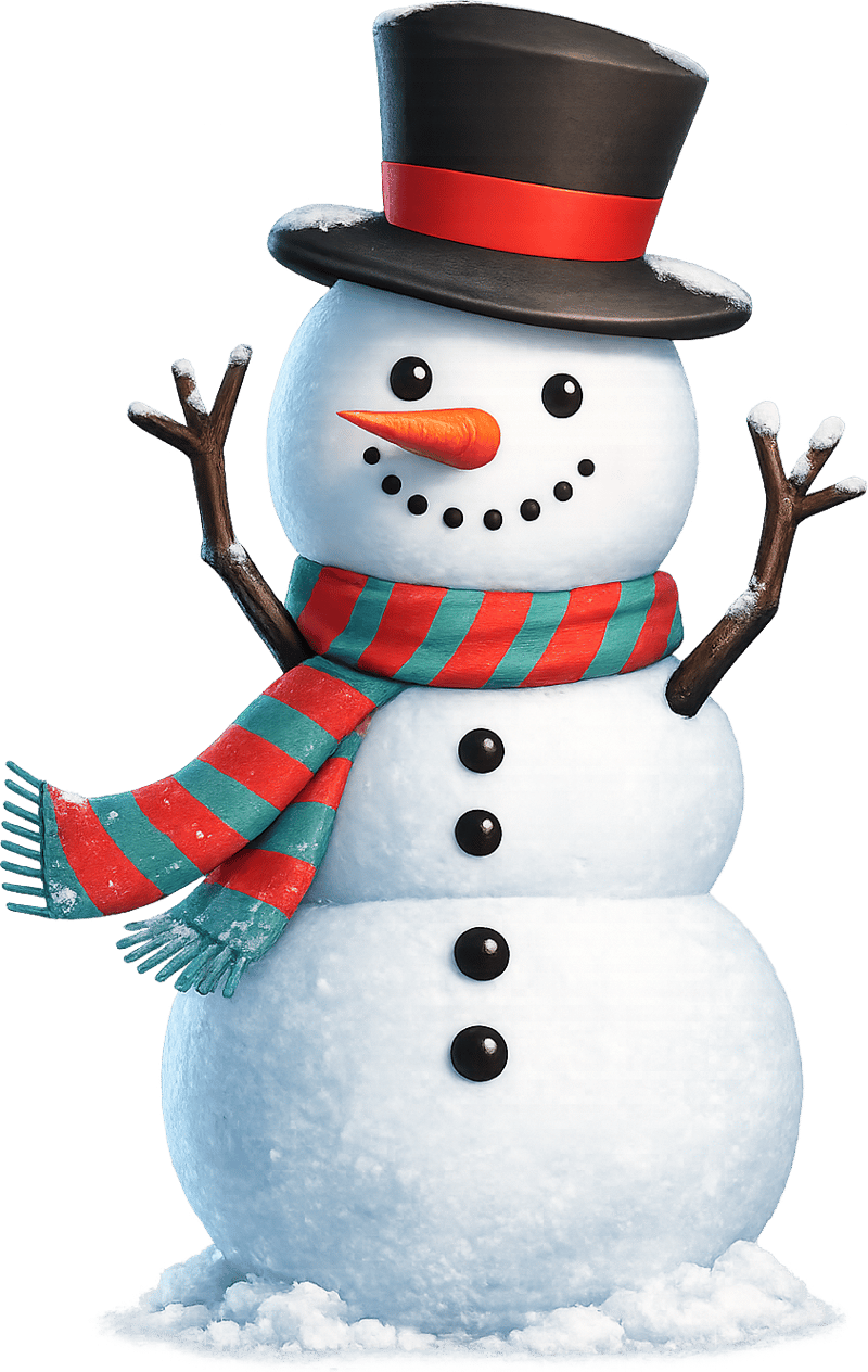 Ein Schneemann mit Zylinder und rot gestreiftem Schal winkt