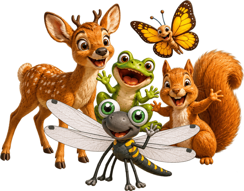 Filzi die Libelle mit Reh, Frosch, Eichhörnchen und Schmetterling
