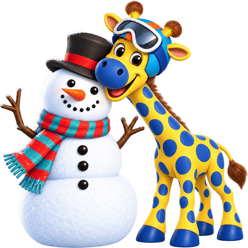 Die FiLZOO-Giraffe und ein Schneemann mit Zylinder stehen Arm in Arm
