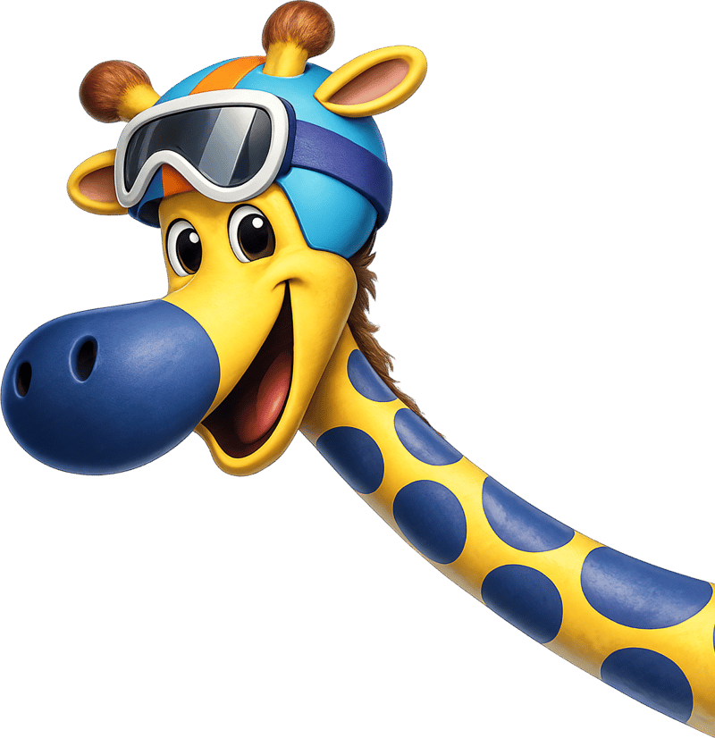 Die FiLZOO-Giraffe mit Skihelm streckt den Kopf herein